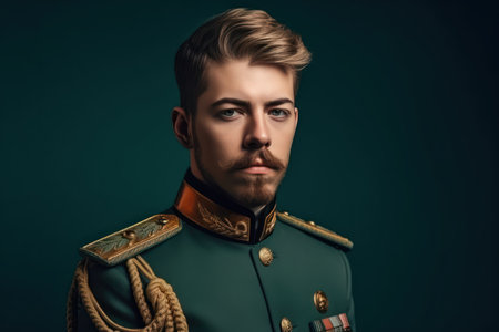 young man in suit isolated on dark green background, retro style comparison of eras conceptの素材
