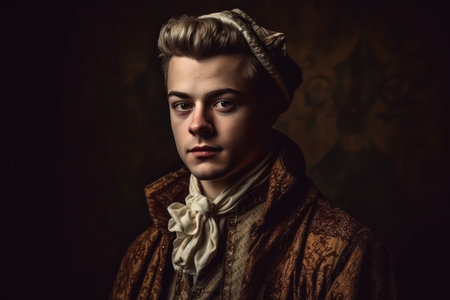 Medieval person isolated on dark vintage background, retro style comparison of eras concept.の素材