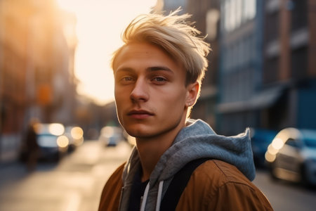 young man looking straight at the camera on background of blurred city houses and roadの素材