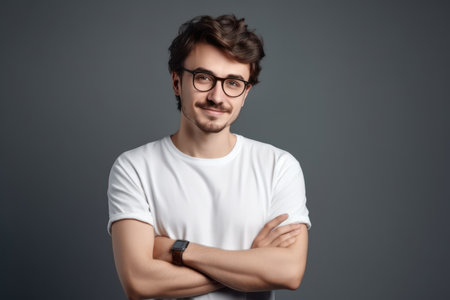 young man wearing white blank t shirt and glasses standing with crossed arms and happy smile looking confident isolated on gray backgroundの素材