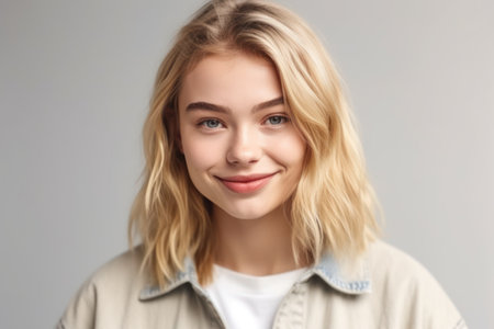 young smiling blond girl with perfect teeth staring at camera, standing relaxed against white background in casual clothes, lifestyle and emotions conceptの素材