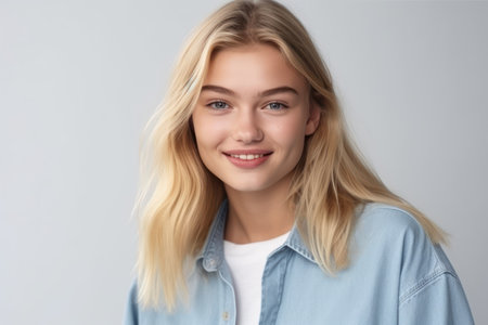 young smiling blond girl with perfect teeth staring at camera, standing relaxed against white background in casual clothes, lifestyle and emotions conceptの素材