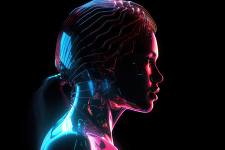 3d illustration of woman profile silhouette futuristic artificial mind concept science fiction glossy neon reflectionsの素材
