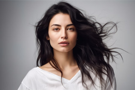 a beautiful horizontal portrait of an adult woman with black hair flowing in the wind standing in a white shirt studio photo with an empty space on the backgroundの素材