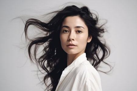 a beautiful horizontal portrait of an adult woman with black hair flowing in the wind standing in a white shirt studio photo with an empty space on the backgroundの素材