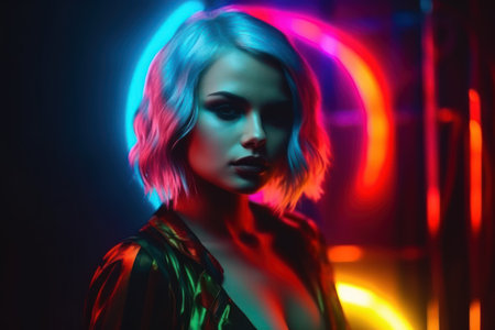 a high fashion model woman in colorful bright lights poses in the studio artistic designの素材