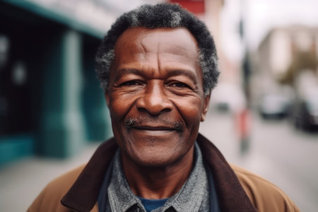 a happy senior black man portrait face smiling at camera, standing outside in streetの素材
