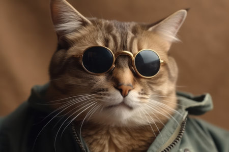 a portrait of cute stylish cat in sunglasses and a military style t shirt on a beige backgroundの素材
