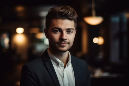 a portrait of young businessman standing indoors in an officeの素材
