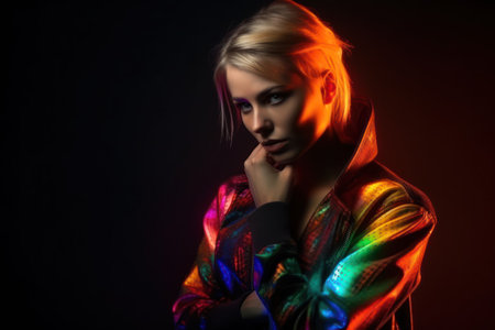 a high fashion model woman in colorful bright lights poses in the studio artistic designの素材