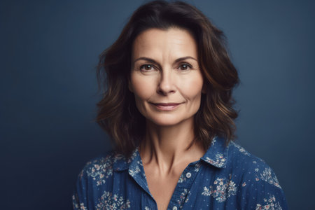 an attractive brunette woman in her forties wearing a floral top against a blue banner background with copy spaceの素材