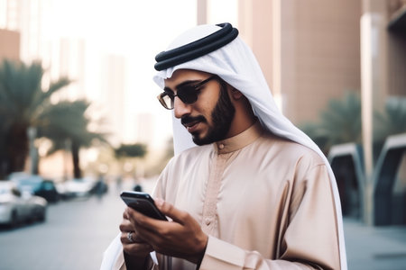 arab emirati man texting in uae using mobile phone aの素材