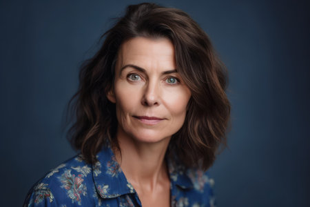 an attractive brunette woman in her forties wearing a floral top against a blue banner background with copy spaceの素材