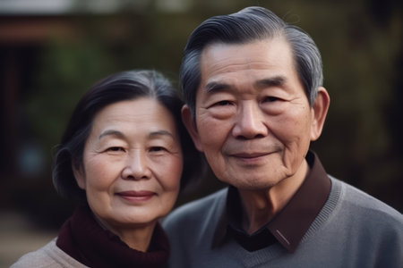 asian senior couple smiling at the cameraの素材