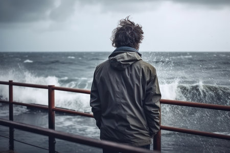 back view portrait of young man standing against the sea on a large concrete pier with big wave beating with splash in a cloudy storm weather feeling of freedom male person enjoying rainy day aloneの素材