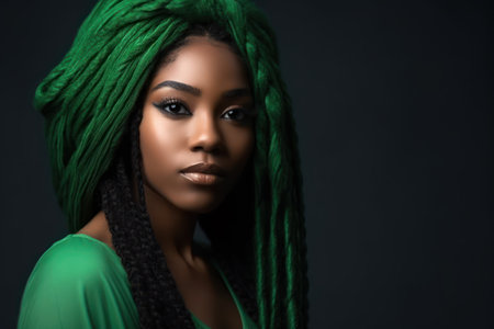 beautiful african american indian black girl in green clothes with long hair and a bright make upの素材