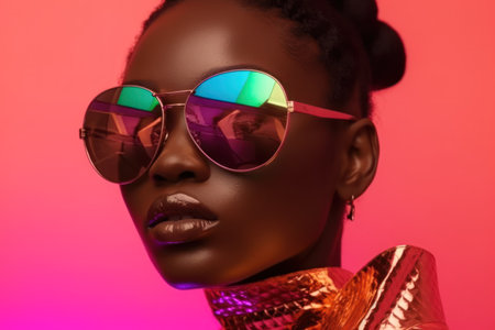beauty portrait of african american girl in colored holographic sunglasses beautiful black woman on pink background cosmetics makeup and fashionの素材