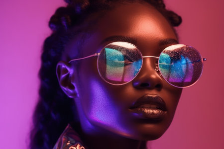 beauty portrait of african american girl in colored holographic sunglasses beautiful black woman on pink background cosmetics makeup and fashionの素材