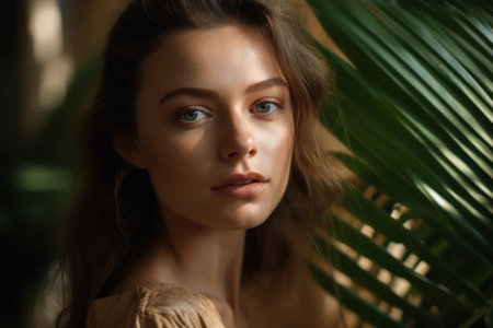 beautiful woman with perfect skin and natural make up holding tropical leavesの素材