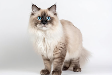 beautiful adult mink ragdoll cat standing facing camera looking straight in lense with mesmerising aqua greenish eyes one paw playful lifted isolated on a white backgroundの素材