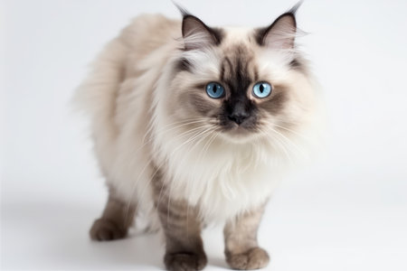 beautiful adult mink ragdoll cat standing facing camera looking straight in lense with mesmerising aqua greenish eyes one paw playful lifted isolated on a white backgroundの素材