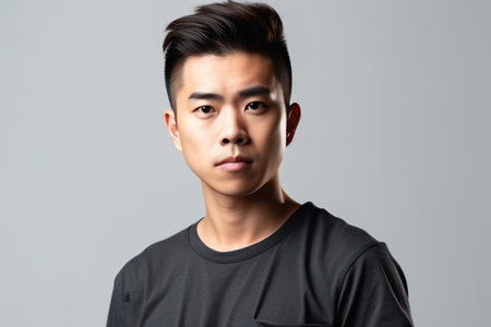 young asian chinese man wearing t shirt standing over isolated white backgroundの素材