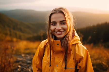 woman smile with teeth, hiker portrait in yellow raincoat travel in the fall and hiking in the mountains in the sunset sunshine freedomの素材