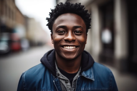 young black african asian mixed man in city, smile happy face portraitの素材
