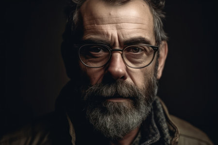 bearded middle aged man wearing glasses looking at camera with a serious expression in a close up head and shoulders portraitの素材