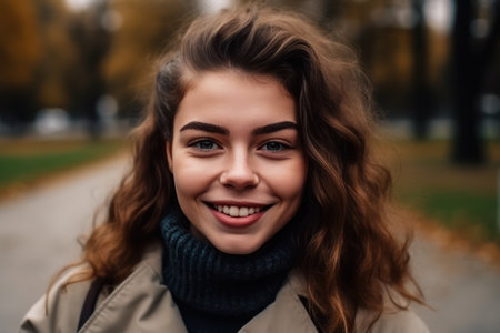 woman smiling with perfect smile and white teeth in a park and looking at cameraの素材
