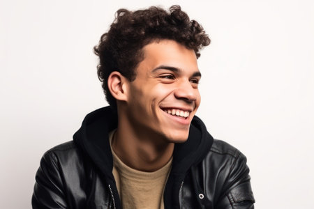 young brazilian man isolated on white background looking to the side and smilingの素材