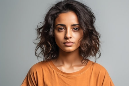 young brazilian woman wearing casual t shirt standing over isolated white background with serious expression on faceの素材