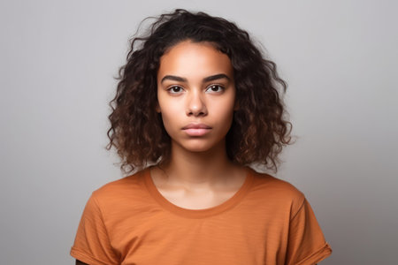 young brazilian woman wearing casual t shirt standing over isolated white background with serious expression on faceの素材