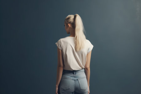 back view of standing young beautiful woman with hand on hips girl watching rear view people collection backside view of person slim blonde interest looking up studio shot full lengthの素材