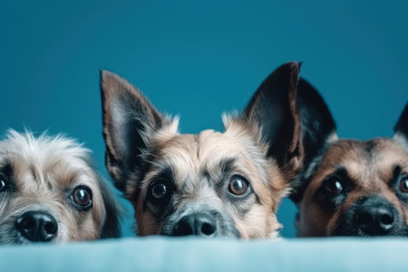 close up three hide dogs head isolated on blue backgroundの素材