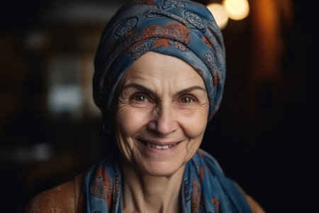 beautiful face portrait of happy mature middle aged woman in hijabの素材