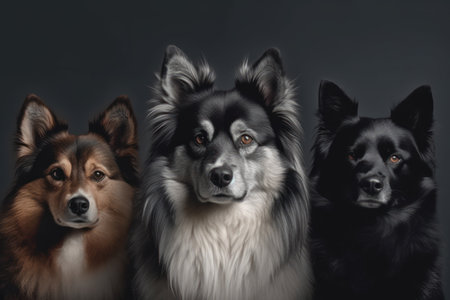 banner three hide dogs pomeranian akita and border collie head isolated on gray backgroundの素材
