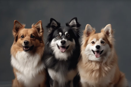 banner three hide dogs pomeranian akita and border collie head isolated on gray backgroundの素材