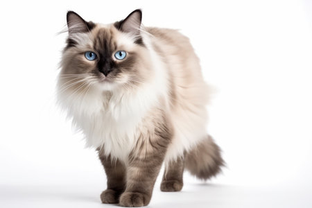 beautiful adult mink ragdoll cat standing facing camera looking straight in lense with mesmerising aqua greenish eyes one paw playful lifted isolated on a white backgroundの素材