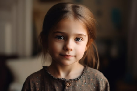 beautiful little girl portrait at home, smiling and looking at cameraの素材