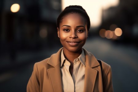 young african american businesswoman smiling happy standing at the cityの素材