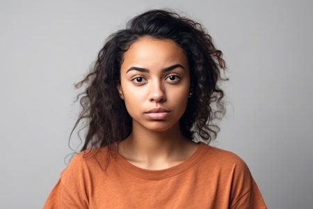 young brazilian woman wearing casual t shirt standing over isolated background with serious expression on faceの素材