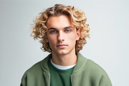 young blond handsome man with curly hair wearing green sweater over white background relaxed with serious expression on faceの素材