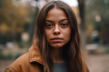 young ethnic female with straight hair and brown eyes looking at camera with emotionless face in parkの素材