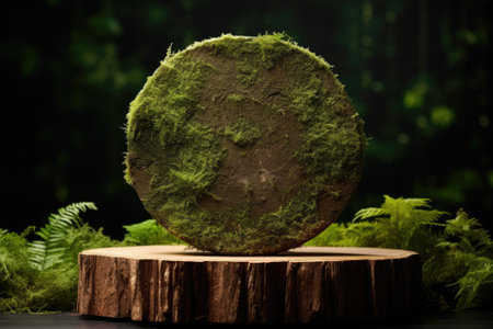 Nature's Elegance: Showcasing Beauty with Wooden Slice Podium and Green Moss Backgroundの素材
