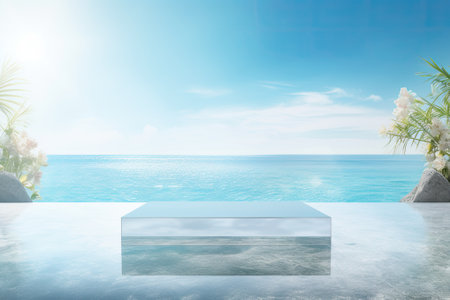 Crystal Clear Serenity: A Mesmerizing Blue Water Backdrop with Sunlit Reflection and Podium, Ideal for Beauty Mockupの素材