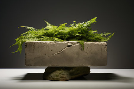 Lush Green Oasis: Showcasing Packaging Perfection on a Natural Stone Podium and Concrete Pedestalの素材