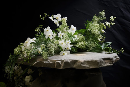 Nature's Elegance: Showcasing Green Beauty - A Stone Podium Adorned with White Flowersの素材
