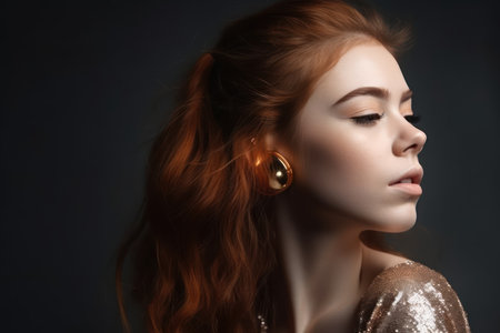 profile side view, portrait of attractive dreamy girl posing enjoying disco party isolated over grey color backgroundの素材