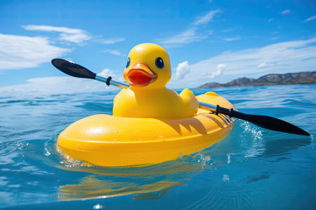 Quacky Fun in Blue Waters: Paddle with our Delightful Yellow Duckling Float!の素材